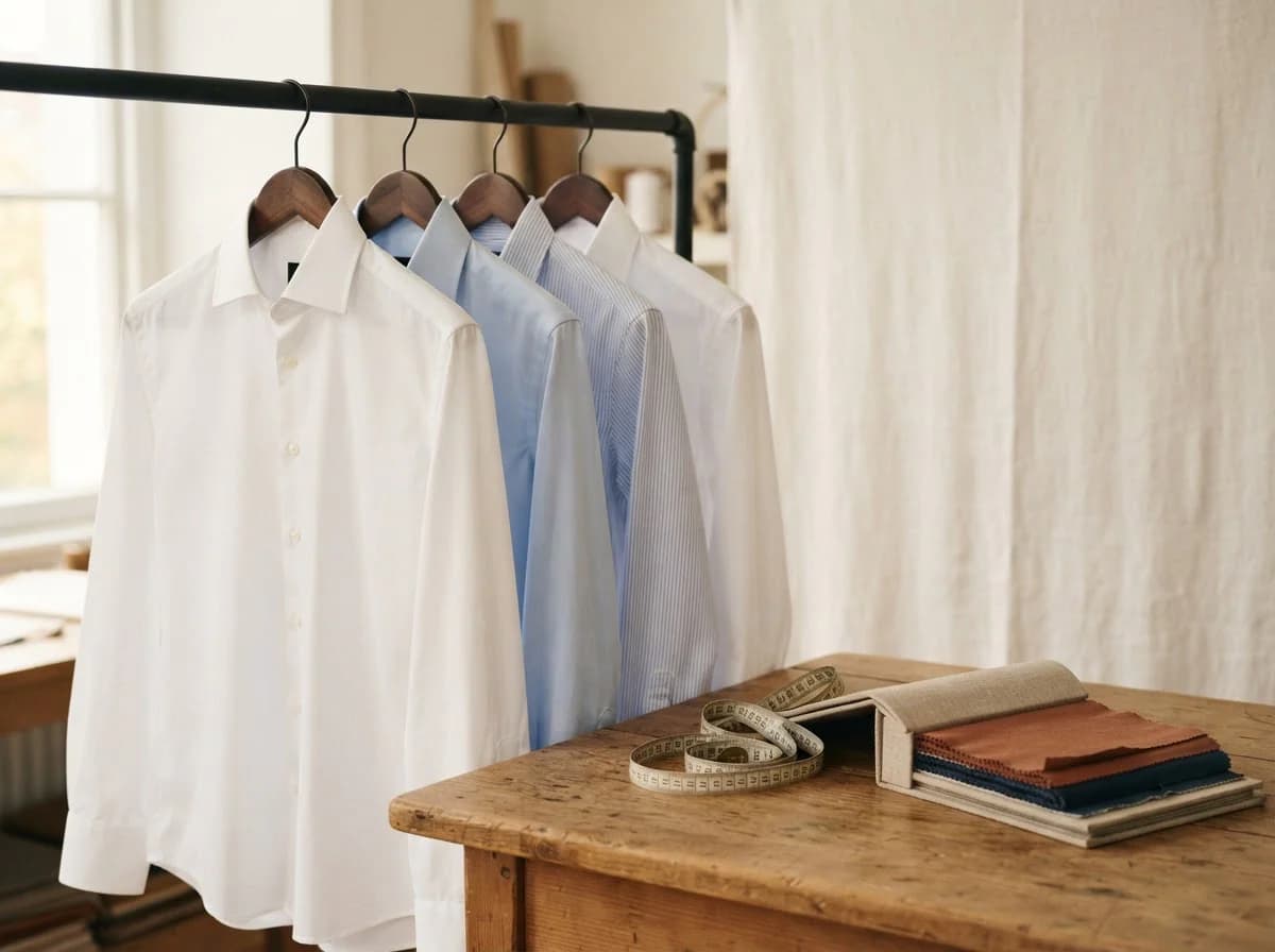 Editorial still life of pressed shirts in a garment sample room, representing readymade garments sourcing in Meerut, Uttar Pradesh