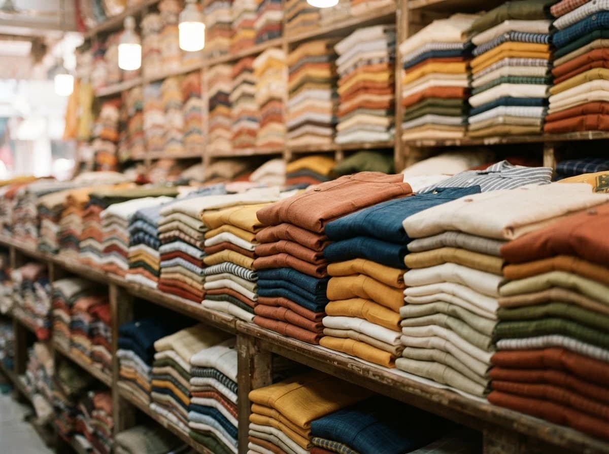 Editorial still life of organized readymade garments in a wholesale showroom, representing uniforms & workwear sourcing in Agra, Uttar Pradesh