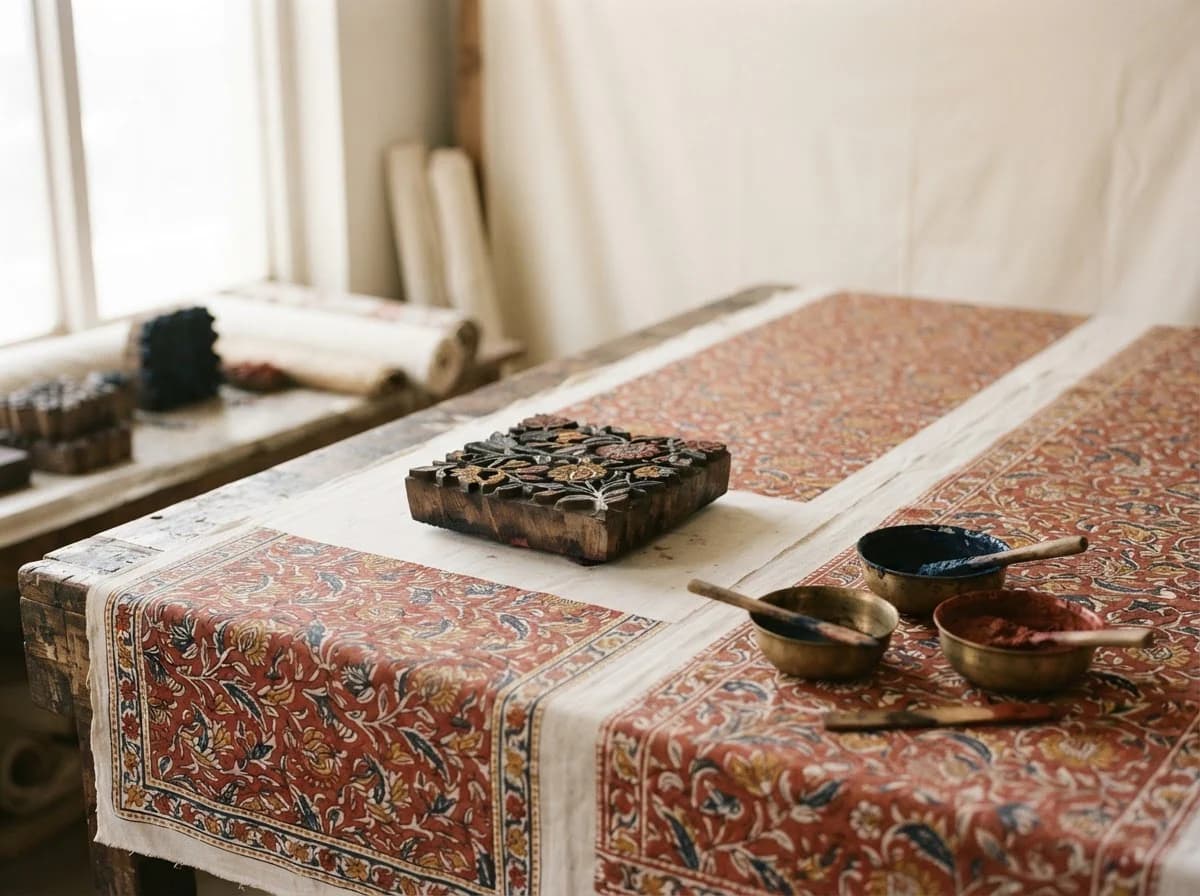 Editorial still life of printed fabric and textile craft samples, representing fabrics & textiles sourcing in Kanpur, Uttar Pradesh