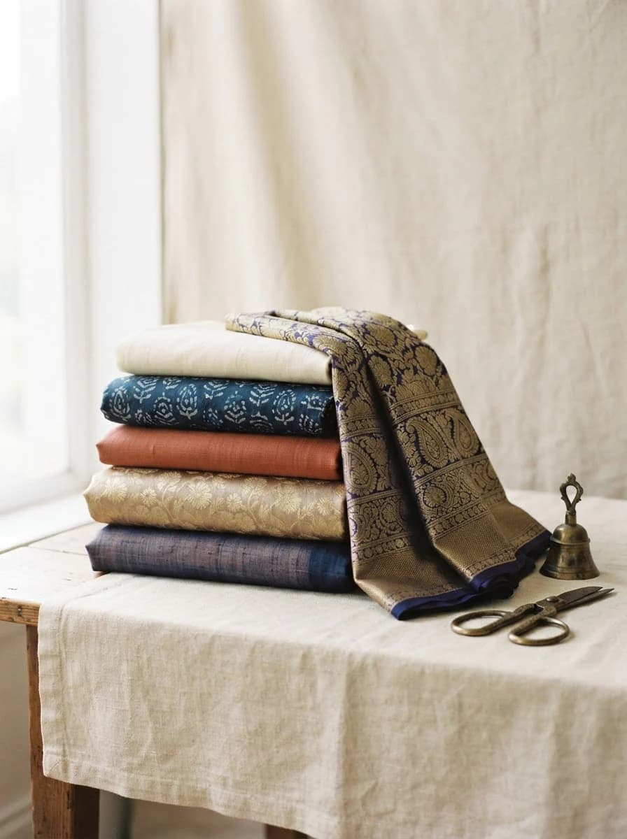 Editorial still life of stacked Indian textiles on a work table