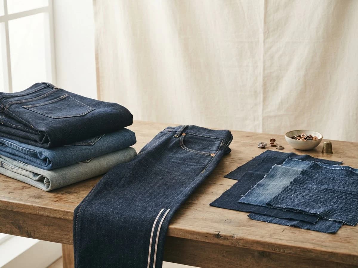 Editorial still life of denim, jeans and fabric swatches, representing fabrics & textiles sourcing in Kanpur, Uttar Pradesh
