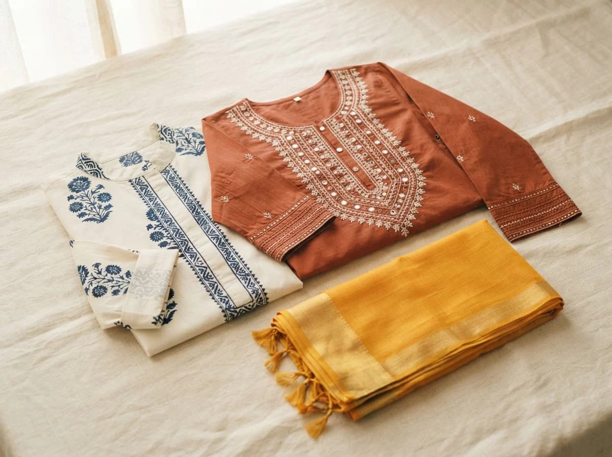 Editorial still life of women's ethnicwear and kurtas, representing dupattas & scarves sourcing in Varanasi, Uttar Pradesh