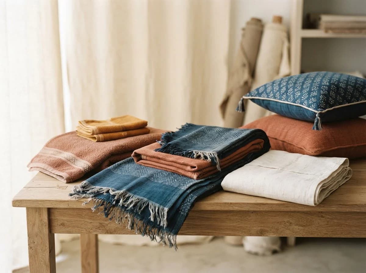 Editorial still life of woven home textiles and towels, representing fabrics & textiles sourcing in Kanpur, Uttar Pradesh