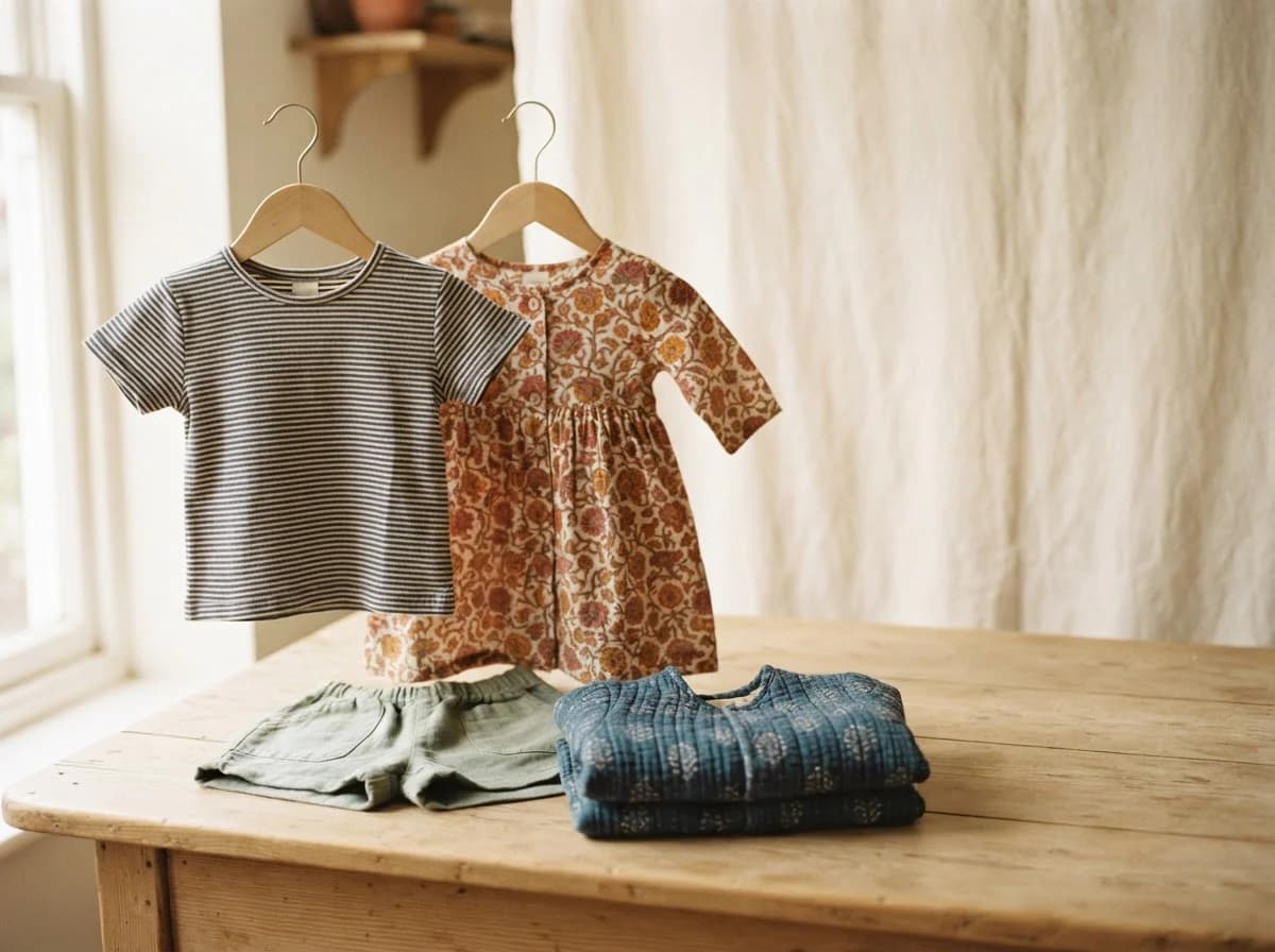 Editorial still life of children's cotton clothing, representing kidswear sourcing in Indore, Madhya Pradesh