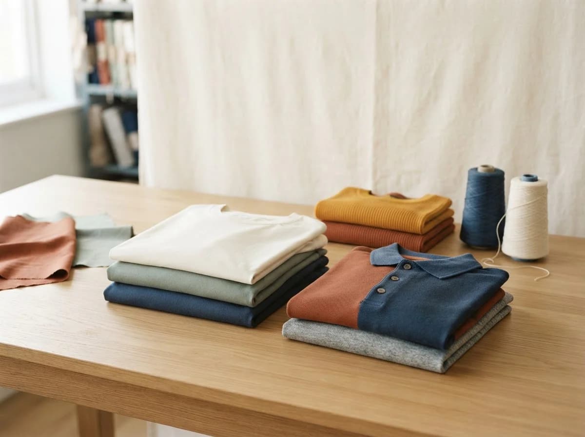 Editorial still life of cotton T-shirts and knitwear, representing readymade garments sourcing in Agra, Uttar Pradesh