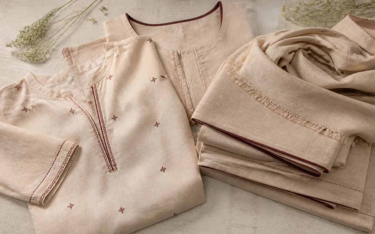 Editorial still life of natural ready-to-wear pieces, representing readymade garments sourcing in Rewa, Madhya Pradesh