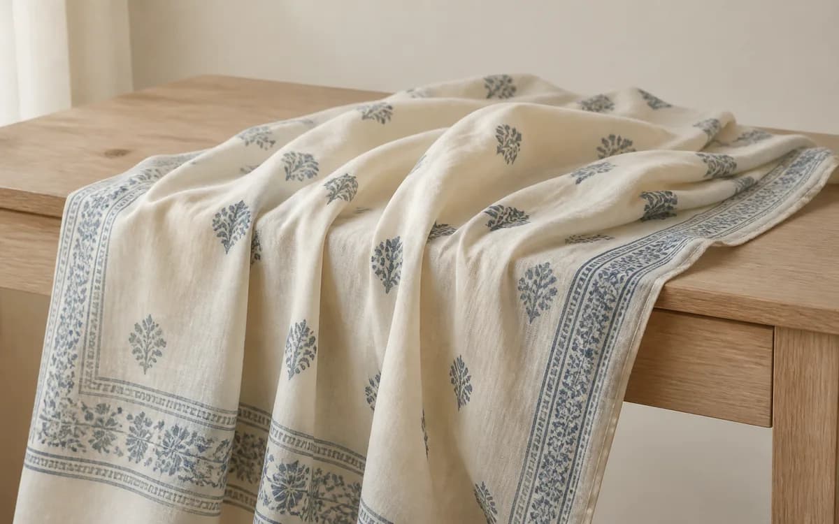Editorial still life of an ivory saree with a delicate indigo block-print motif, representing sarees sourcing in Surat, Gujarat