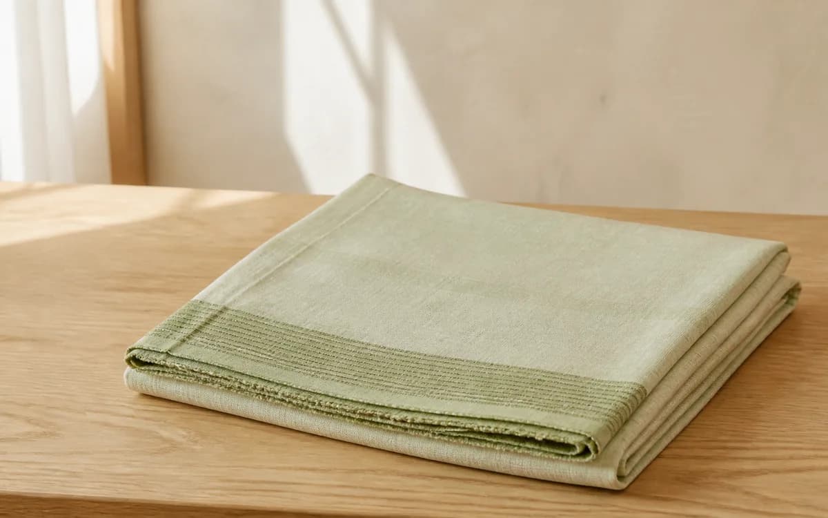 Editorial still life of a softly folded sage handloom saree, representing sarees sourcing in Surat, Gujarat