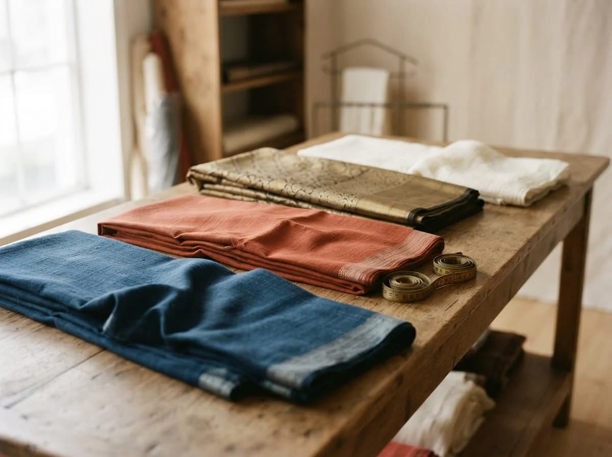 Editorial still life of Indian sarees and woven borders, representing fabrics & textiles sourcing in Kanpur, Uttar Pradesh