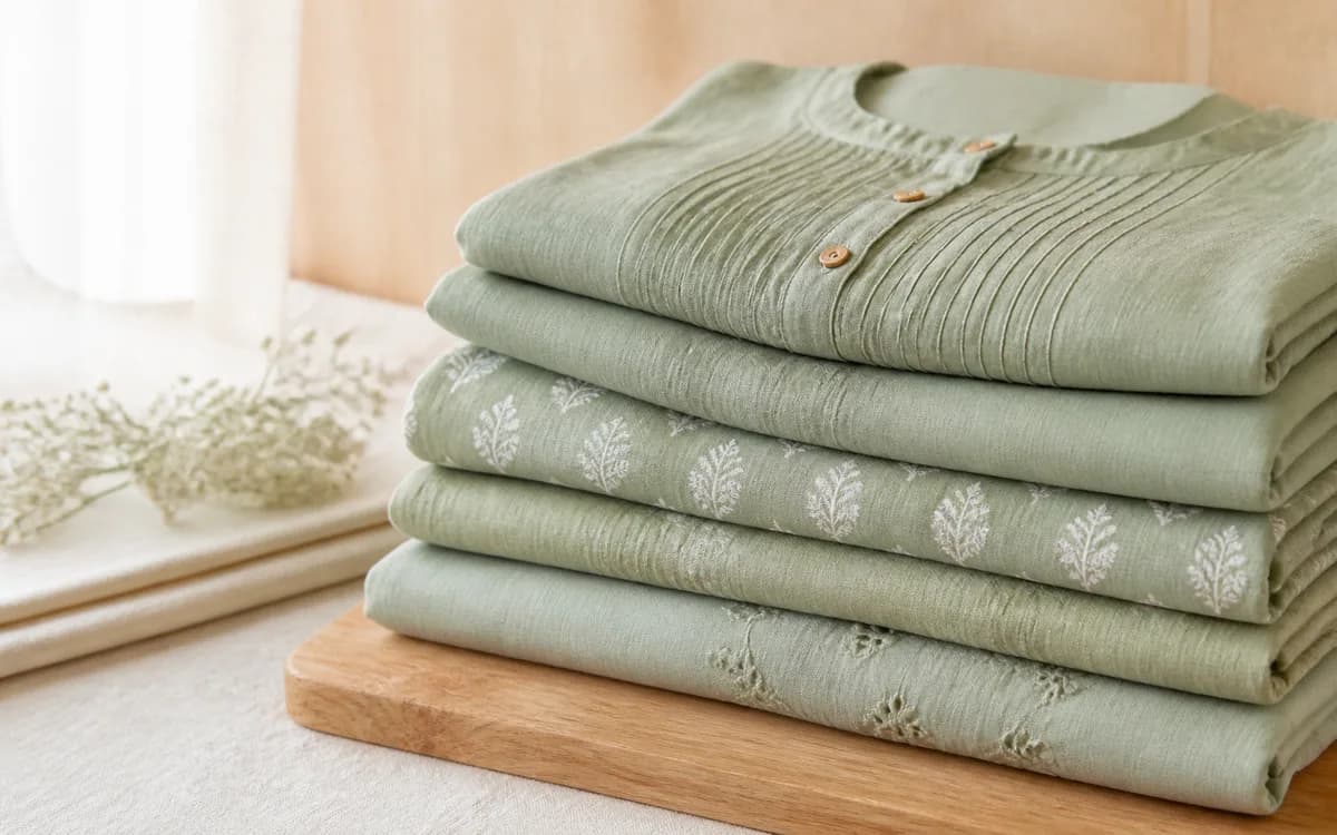 Editorial still life of olive utility fabric, representing uniforms & workwear sourcing in Jaipur, Rajasthan